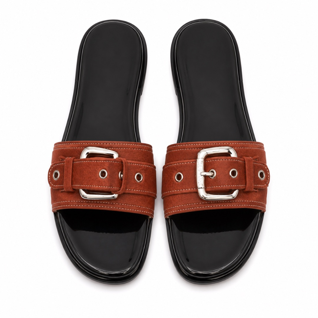 Luxury Brown Buckle Strap Flat Slide Sandals for Women