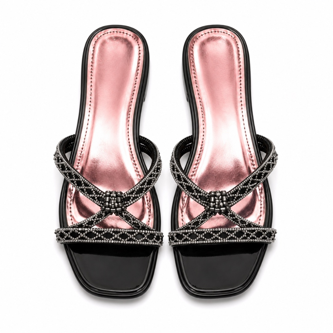 Luxury Black Rhinestone Cross Strap Flat Sandals   for Women