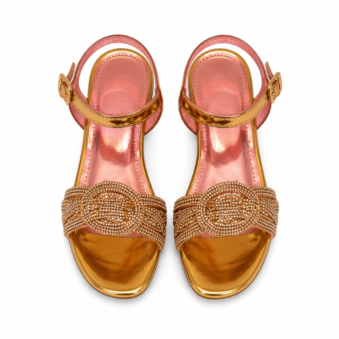 Luxury Rose Gold Rhinestone Bow Flat Sandals for Women