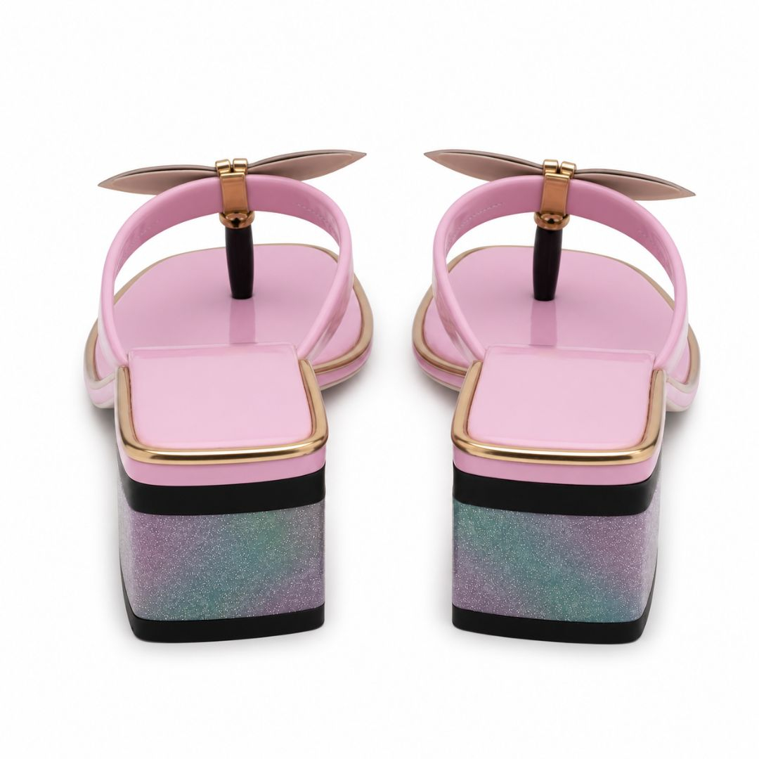 Whimsical Lilac Butterfly Heeled Thong Sandals