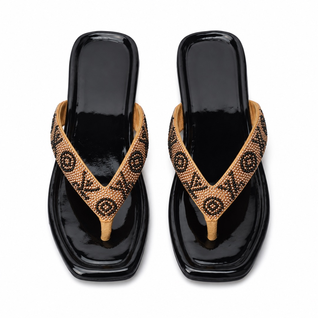 Luxury Black and Gold Rhinestone Monogram  Flat Slippers for Women
