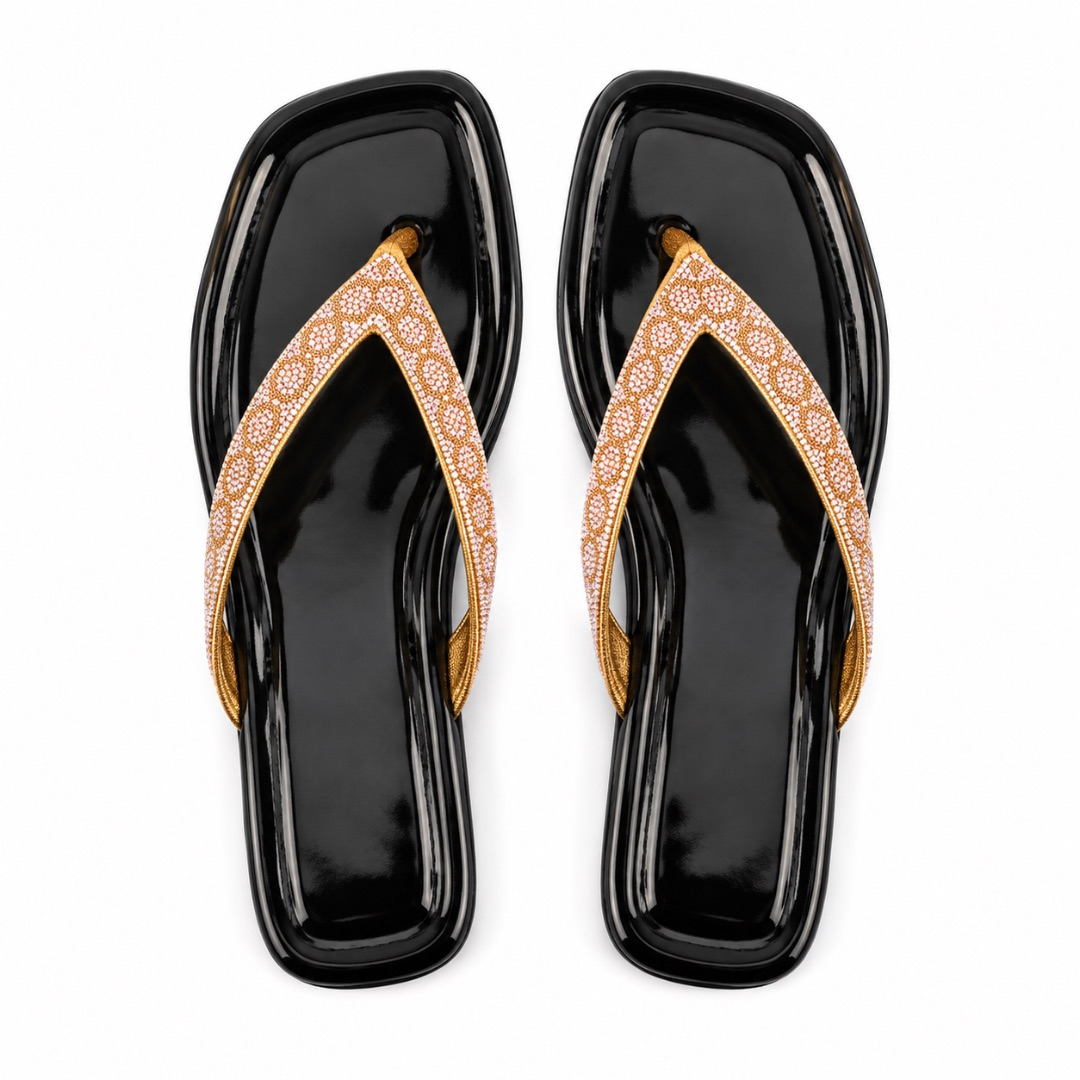 Luxury Black and Gold Rhinestone Flat Slippers   for Women