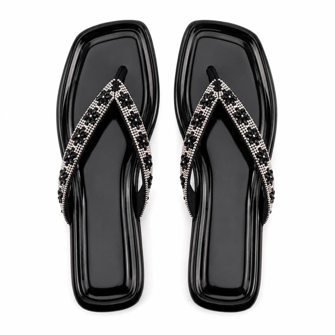 Luxury Black Floral Rhinestone Flat Sandals   for Women