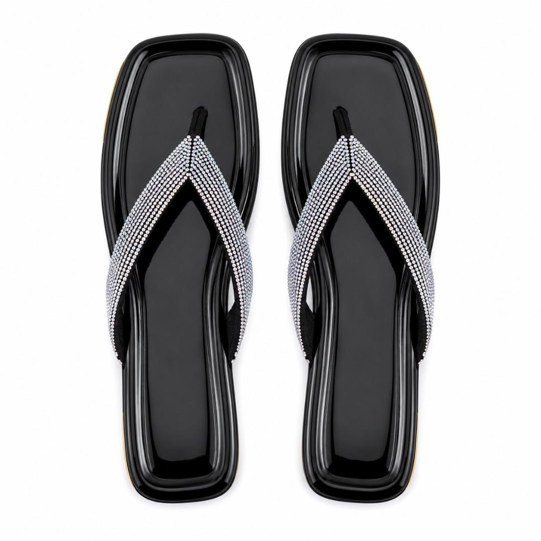 Luxury Black Crystal Rhinestone Flat Sandals   for Women