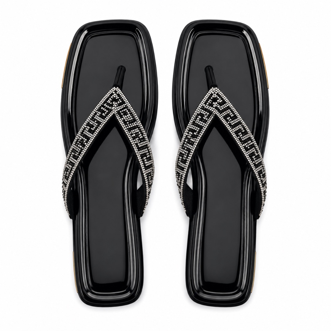Luxury Black Greek Pattern Rhinestone Flat Slippers  for Women