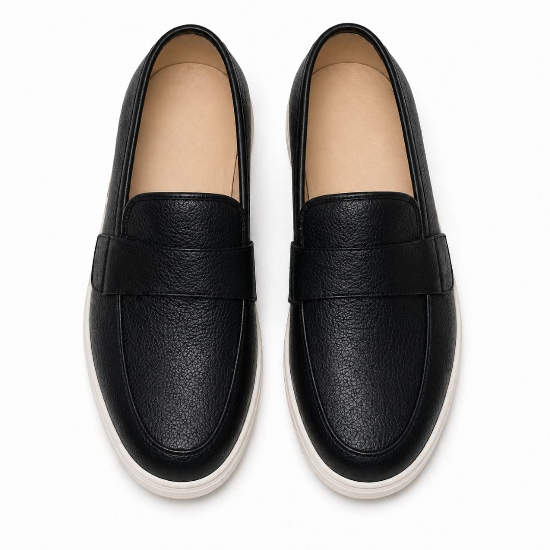 Classic Black Textured Slip On Loafers with white sole
