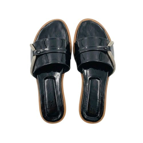 Womens Glossy Black Embellished Slide Sandals