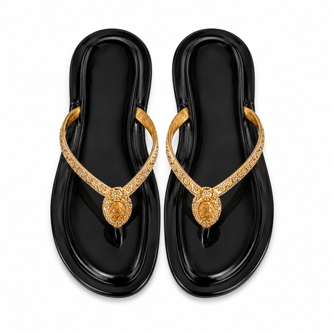 Luxury Black and Gold Rhinestone Toe Ring Flat Sandals  for Women