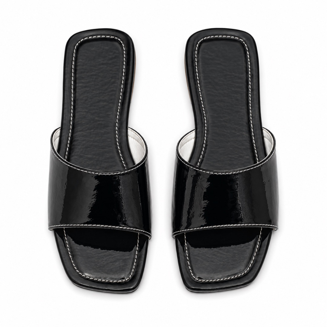 Luxury Black Glossy Square Toe Flat Slippers   for Women
