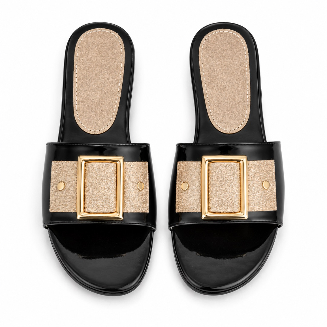 Luxury Black and Gold Buckle Flat Slippers   for Women