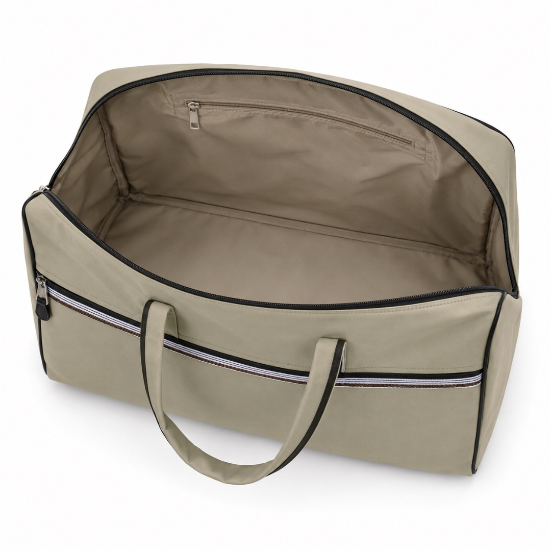 Luxury Beige Travel Duffel Bag with Front Zip Pocket
