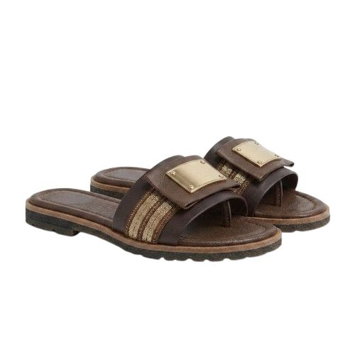 Womens Brown Faux Leather Embellished Slide Sandals