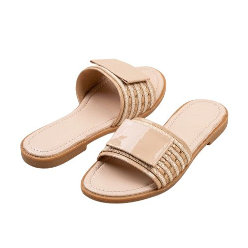 Chic Nude Embellished Slip On Flat Sandal