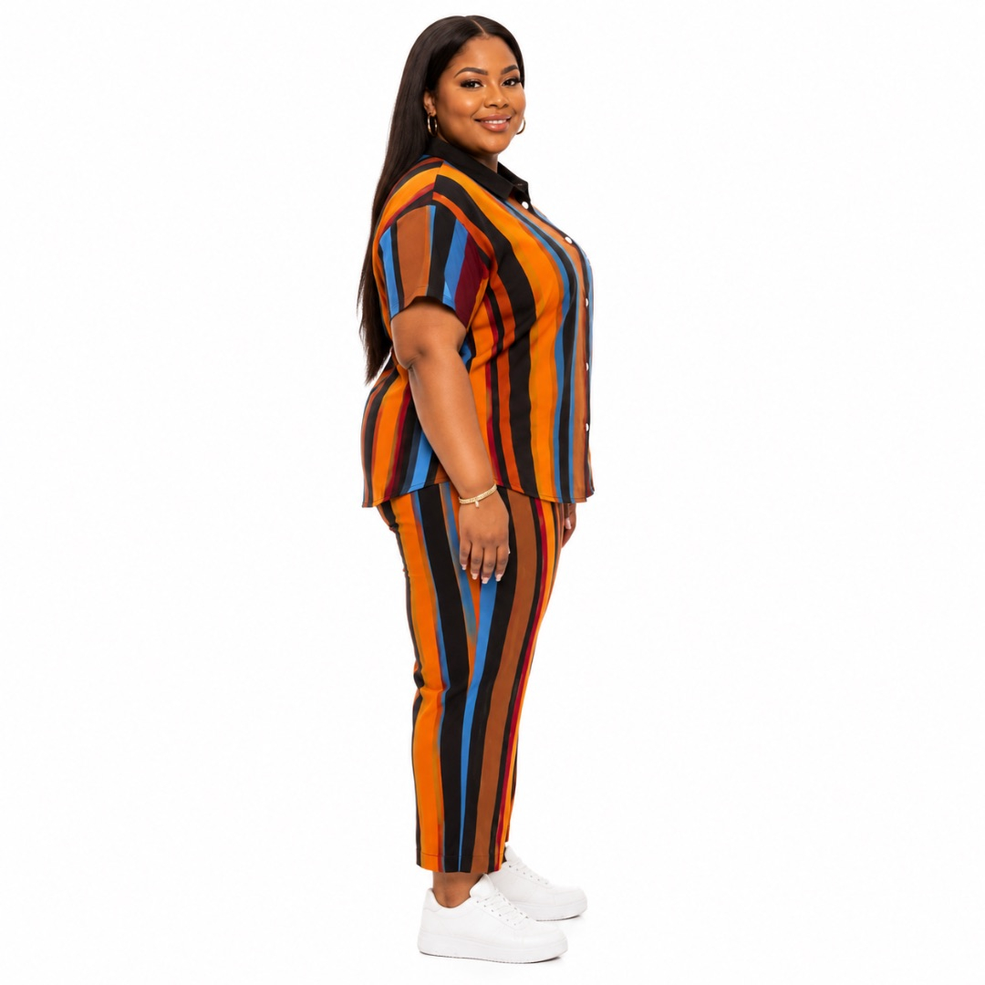 Womens Multicolor Striped Two Piece Casual Lounge Set