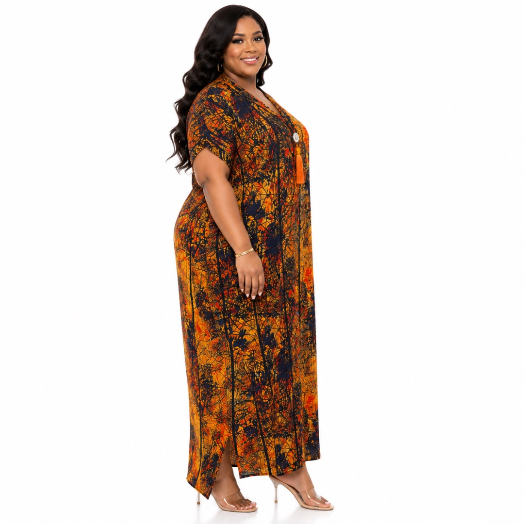 Luxury Orange Abstract Print Kaftan Maxi Dress for Women
