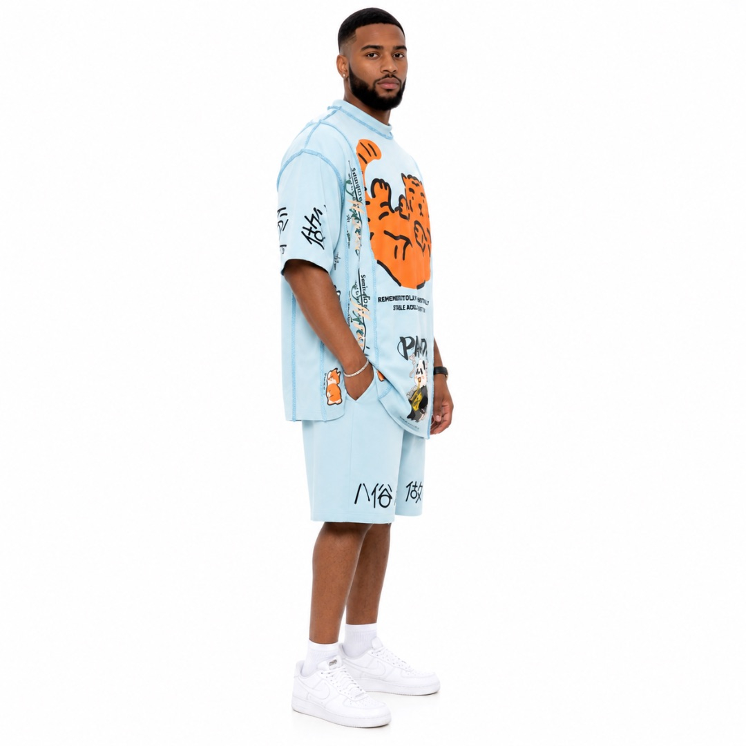 Luxury Sky Blue Graphic Two Piece Short Set  for Men