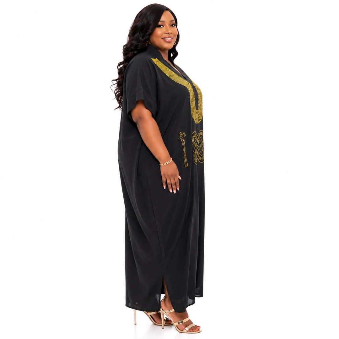 Elegant Black Rhinestone Embellished Maxi Kaftan Dress for Women