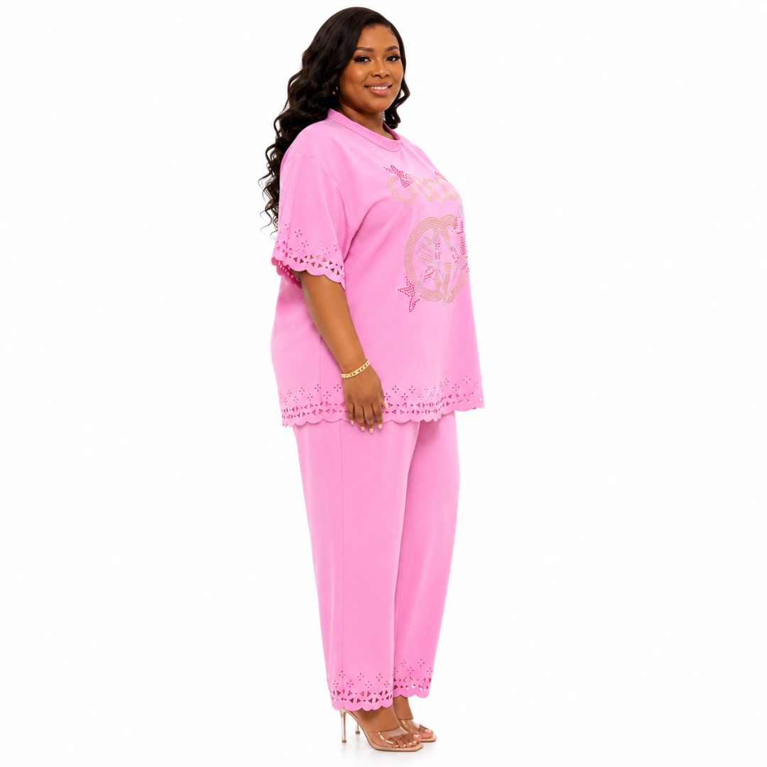 Luxury Pink Rhinestone Two Piece Lounge Set  for Women