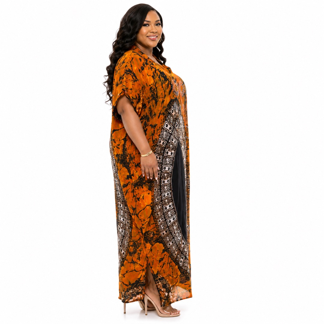 Elegant Orange Abstract Print Rhinestone Maxi Kaftan Dress for Women
