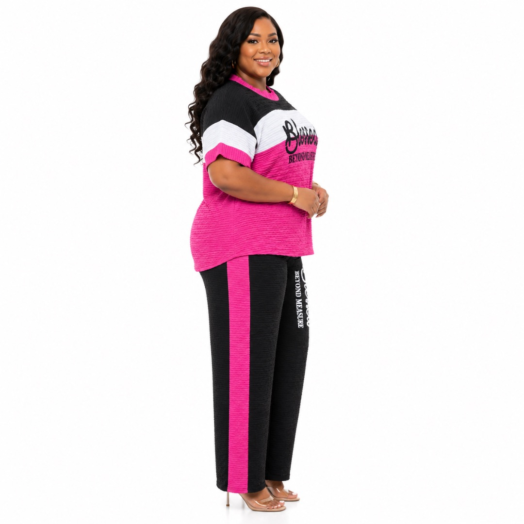 Elegant Pink and Black Textured Casual Two Piece Set for Women