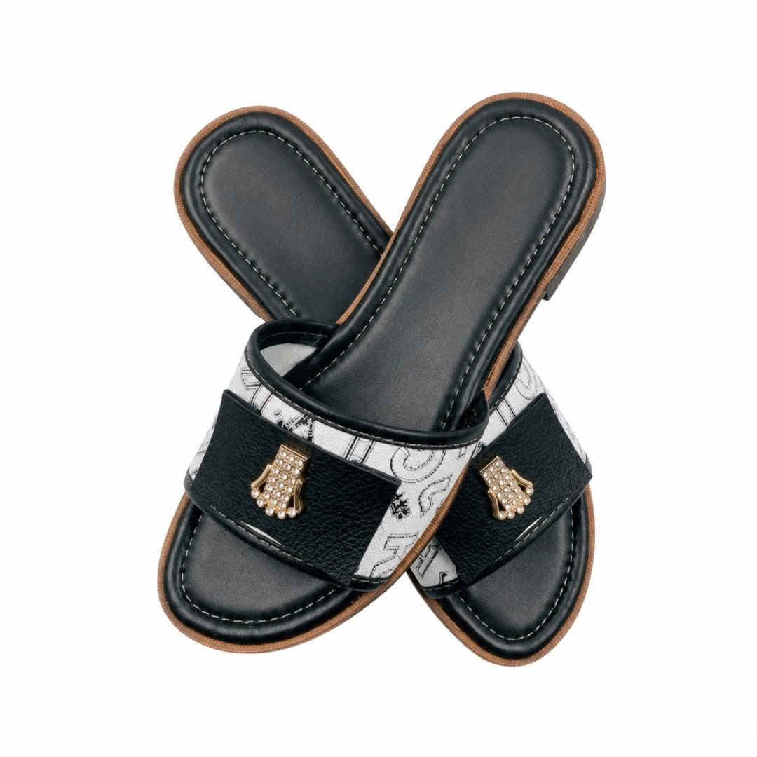 Womens Black and White Embellished Slide Sandals