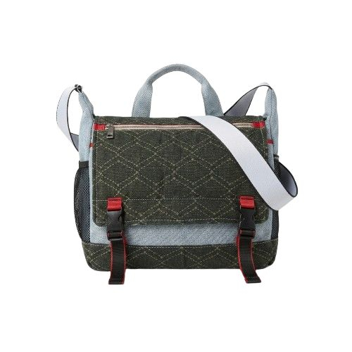 Monogram Pattern Denim Messenger Bag with Utility Buckles and Shoulder Strap