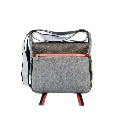 Monogram Pattern Denim Messenger Bag with Utility Buckles and Shoulder Strap