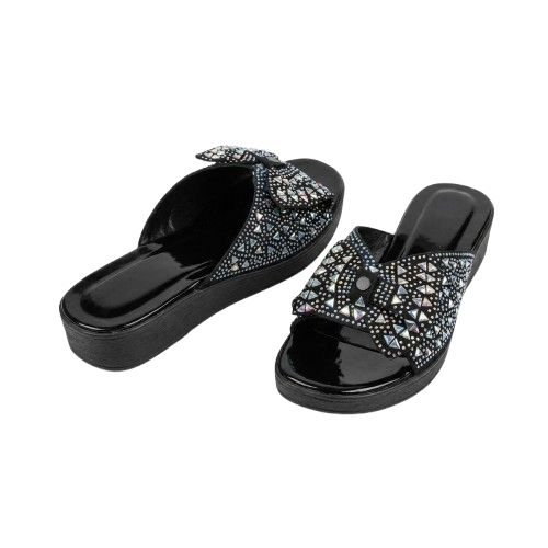 Black Patent Leather Crystal Embellished Flat Slide Sandals