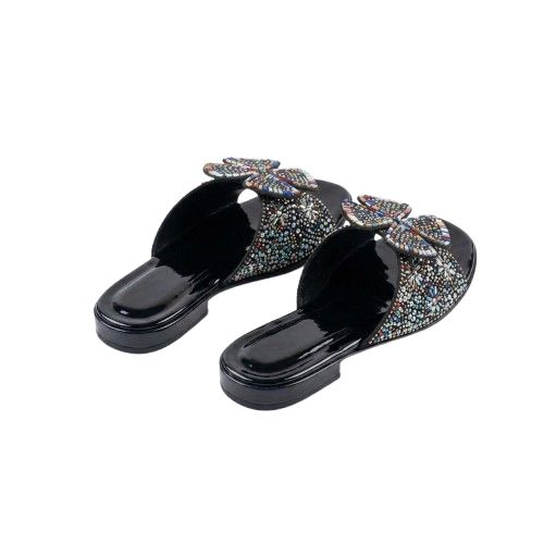 Black Patent Leather Multicolor Crystal Embellished Slide Sandals