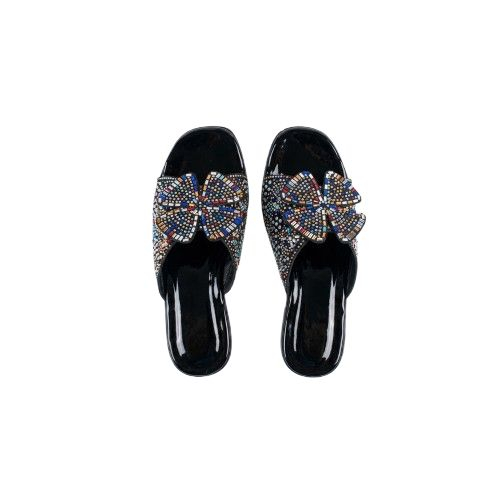 Black Patent Leather Multicolor Crystal Embellished Slide Sandals
