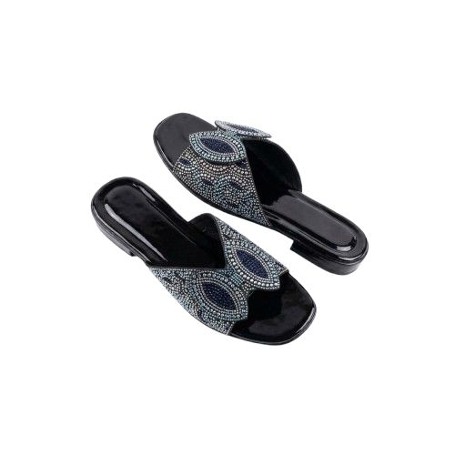 Black Patent Leather Deep Blue Crystal Mesh Flat Slide Sandals