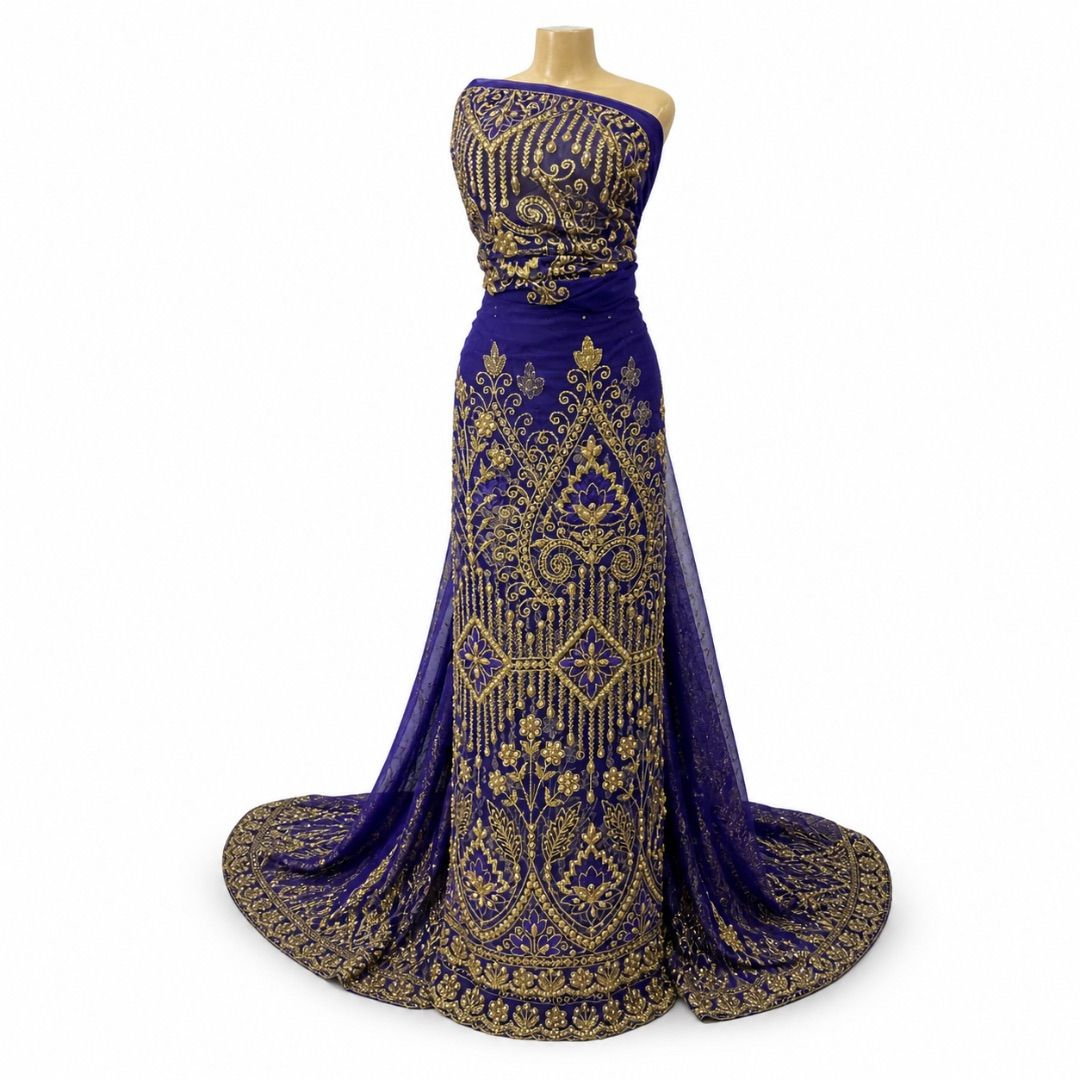 Luxury Royal Blue Embroidered Lace Material