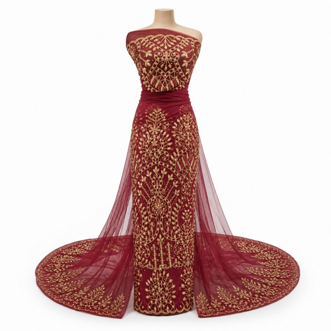 Luxury Wine Red Embroidered Lace Material