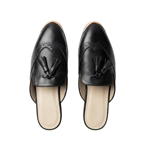 Mens Black Leather Tassel Mule Loafers with Wingtip Brogue Detailing