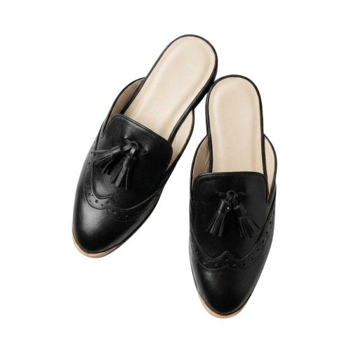 Mens Black Leather Tassel Mule Loafers with Wingtip Brogue Detailing