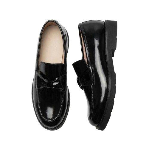 Black Patent Leather Bow Accent Loafers