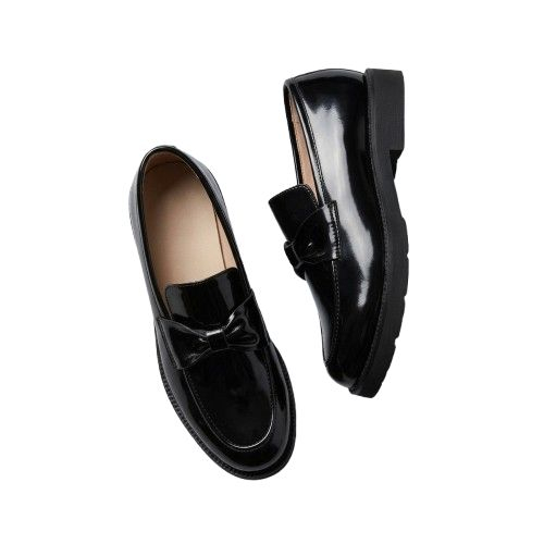 Black Patent Leather Bow Accent Loafers