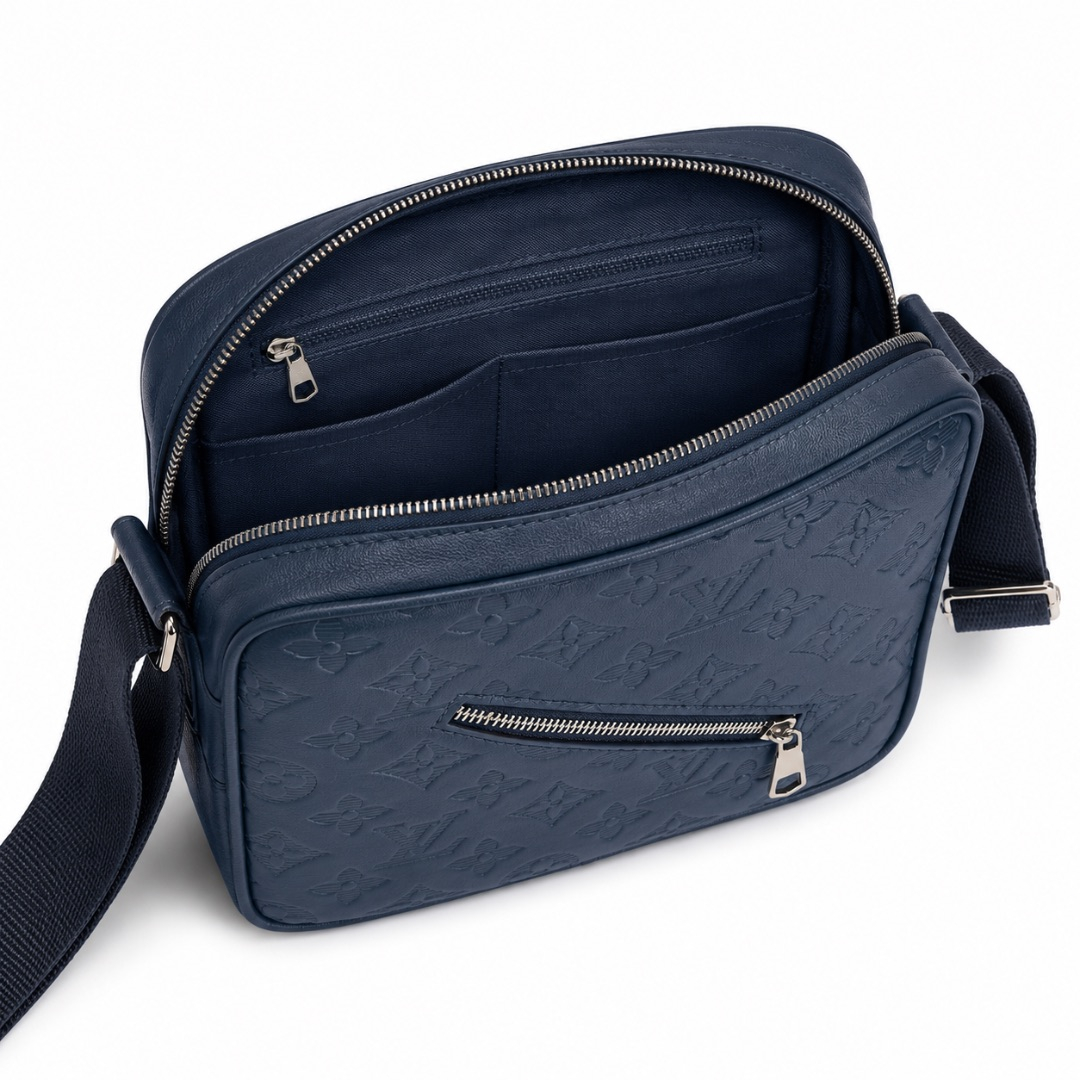Luxury Navy Blue Embossed Monogram Crossbody Shoulder Bag
