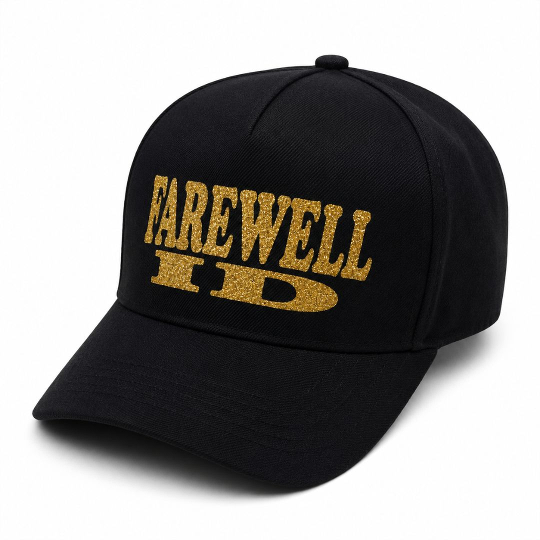 Black Farewell Cap with Gold Text