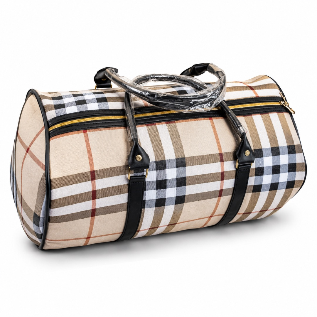 Luxury Beige Plaid Travel Duffel Bag