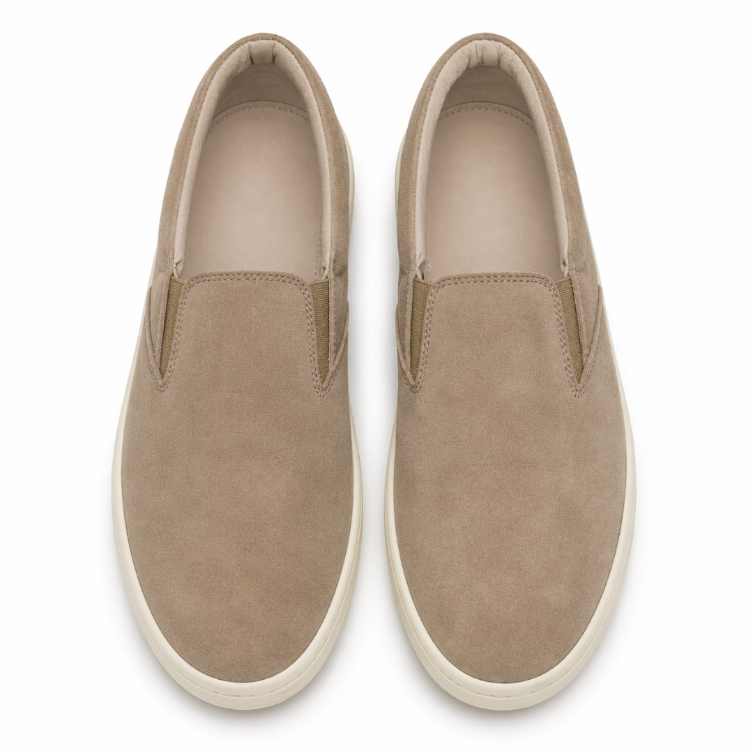 Mens Beige Suede Slip On Sneakers