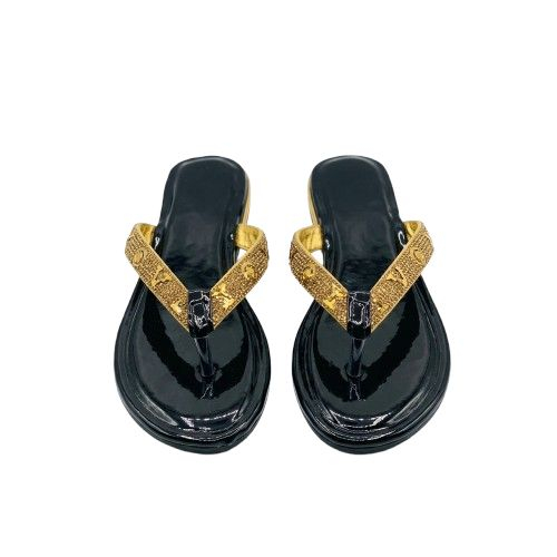 Embellished Black Patent Thong Sandals