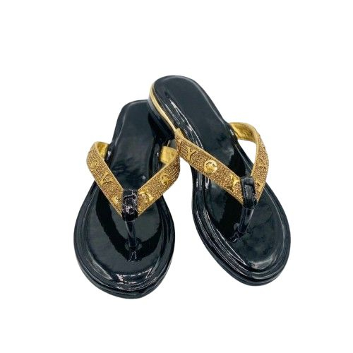 Embellished Black Patent Thong Sandals