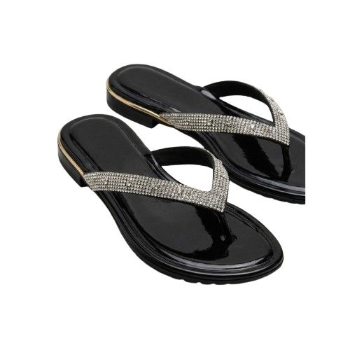 Rhinestone Embellished Black Thong Sandals