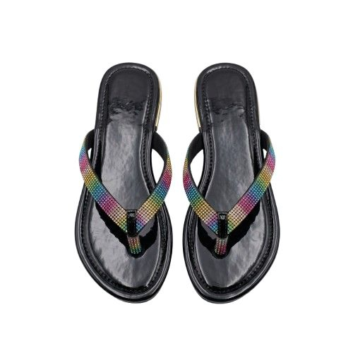 Rainbow Rhinestone Embellished Black Thong Sandals