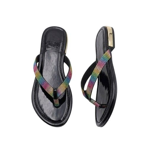 Rainbow Rhinestone Embellished Black Thong Sandals