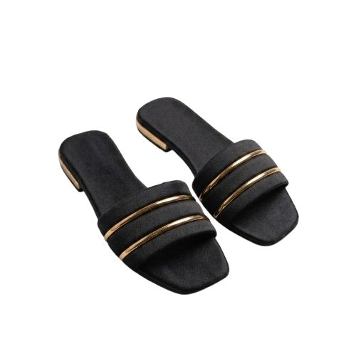 Womens Black Square Toe Flat Slides with Gold Accent Straps