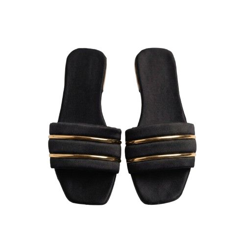 Womens Black Square Toe Flat Slides with Gold Accent Straps