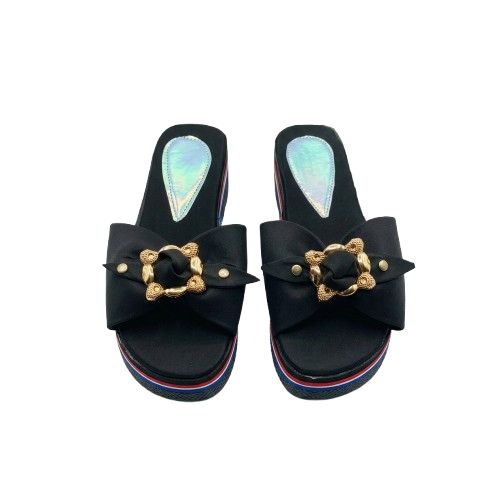 Womens Black Flat Slippers with Decorative Bow and Striped Sole