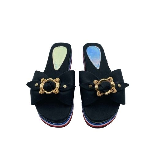 Womens Black Flat Slippers with Decorative Bow and Striped Sole